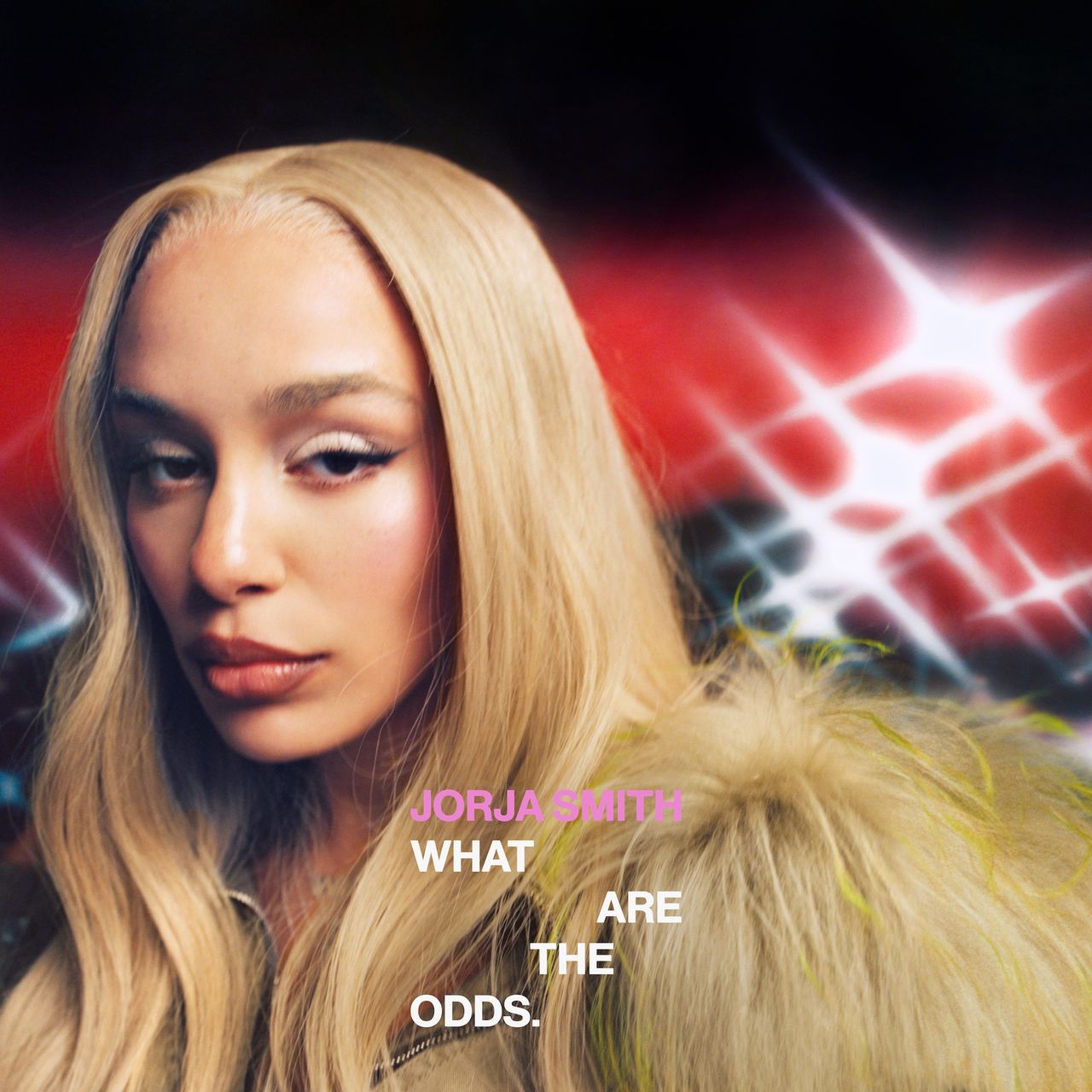 Jorja Smith What Are The Odds album cover close-up portrait of the singer with long blonde hair and a fur jacket against abstract light flares.